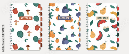 Healthy summer collection notebook cover - fruits and vegetables seamless pattern. Planner, decor, scrapbook. vector illustration