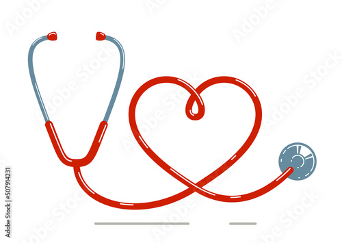 Heart shaped stethoscope vector simple icon isolated over white background, cardiology theme illustration or logo.