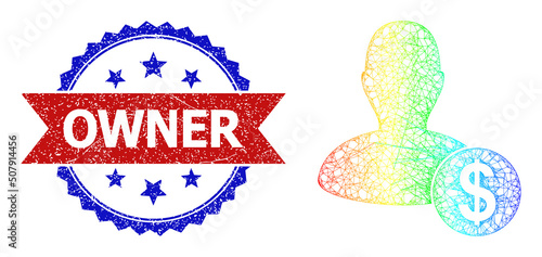 Crossing mesh banker carcass illustration with rainbow gradient, and bicolor rubber Owner stamp. Red stamp seal includes Owner title inside blue rosette. Bright carcass mesh banker icon.