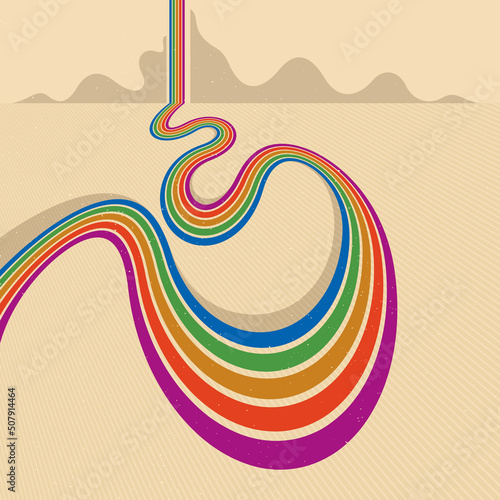 Retro style abstract background with curve lines in all colors of rainbow, 3D dimensional seventieth vector art.