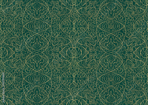 Hand-drawn unique abstract symmetrical seamless gold ornament and splatters of golden glitter on a dark cold green background. Paper texture. Digital artwork, A4. (pattern: p02-2b)