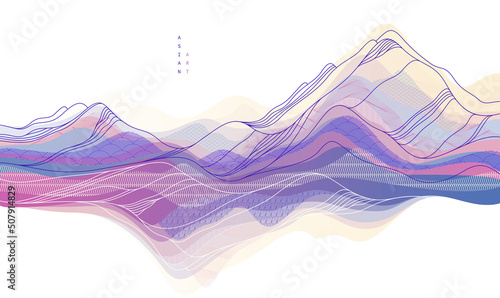 Fotografia Abstract oriental Japanese art vector background, traditional style design, wavy shapes and mountains terrain landscape, runny like sea lines
