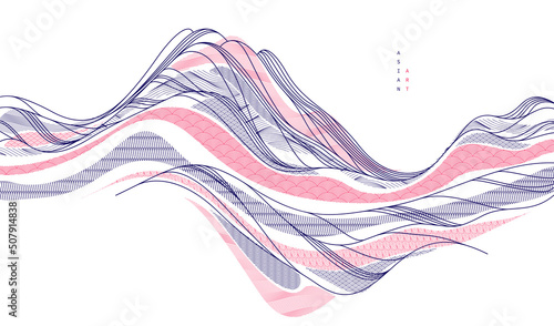 Nature art oriental Japanese style vector abstract background, runny like water shapes and lines with textures.