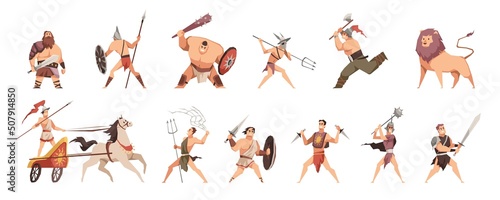 Ancient roman gladiators. Different weapons fighters, cartoon strong characters in traditional costume, soldiers and animals, coliseum battle competition, vector cartoon flat isolated set