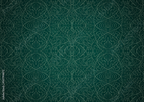 Hand-drawn unique abstract symmetrical seamless ornament. Bright green on a deep cold green with vignette of a darker background color. Paper texture. Digital artwork, A4. (pattern: p02-2b)