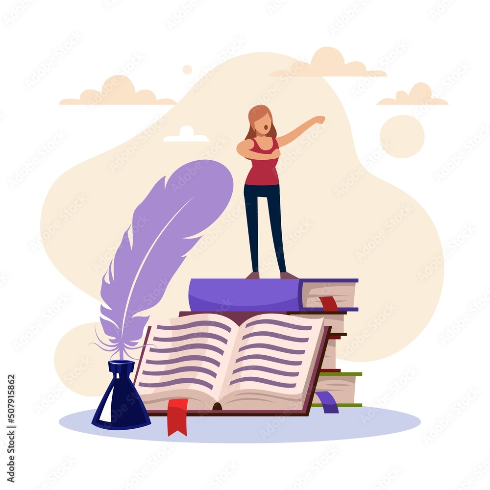 Literature concept. World poetry day, story told and written. Tiny woman stands on stack of books, public speaking, ink and pen, reading poem. Writing profession vector cartoon flat concept - obrazy, fototapety, plakaty 