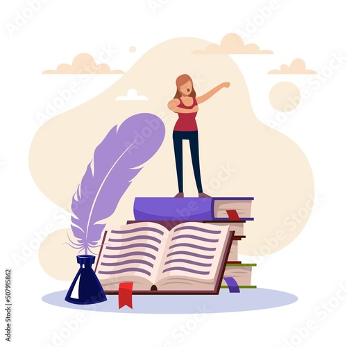 Literature concept. World poetry day, story told and written. Tiny woman stands on stack of books, public speaking, ink and pen, reading poem. Writing profession vector cartoon flat concept