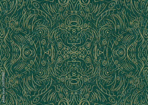 Hand-drawn unique abstract symmetrical seamless gold ornament and splatters of golden glitter on a dark cold green background. Paper texture. Digital artwork, A4. (pattern: p03a)