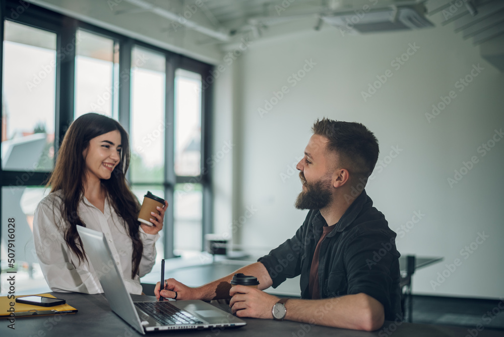 Fototapeta premium Two business colleagues having a meeting in the open space office