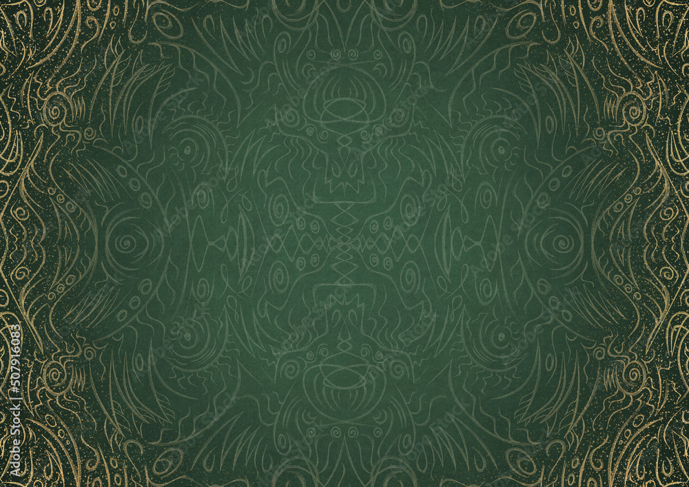 Hand-drawn unique abstract ornament. Light green on a dark warm green background, with vignette in golden glitter and splatters on darker background color. Paper texture. A4. (pattern: p03a) Hand-drawn unique abstract ornament. Light green on a dark warm green background, with vignette in golden glitter and splatters on darker background color. Paper texture. A4. (pattern: p03a)