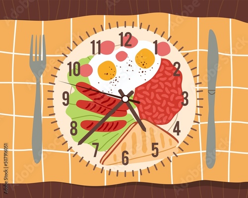Meal time. Daily Nutrition balance, plate of food in form of clock top view, knife and fork, healthy lifestyle proper nutrition, meal schedule, control calories, vector cartoon flat concept