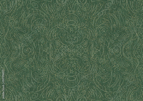 Hand-drawn unique abstract seamless ornament. Light green on a darker warm green background, with splatters of golden glitter. Paper texture. Digital artwork, A4. (pattern: p03a)