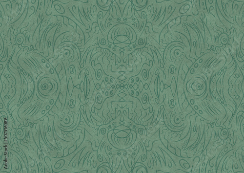 Hand-drawn unique abstract symmetrical seamless ornament. Dark semi transparent green on a light cold green background color. Paper texture. A4. (pattern: p03a)