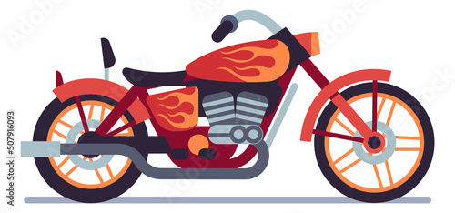 Motorcycle. Red biker motorbike with orange flame graffiti, classic vehicle, road racing, speed extreme driving, modern moped, travel and sport transport, vector flat isolated illustration