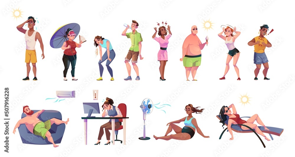 People suffer from heat. Cartoon male, female characters, hot weather, summer season, rescue under air conditioning and umbrella, sun and heat stroke symptoms, feeling bad vector set