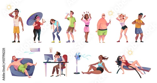 People suffer from heat. Cartoon male, female characters, hot weather, summer season, rescue under air conditioning and umbrella, sun and heat stroke symptoms, feeling bad vector set