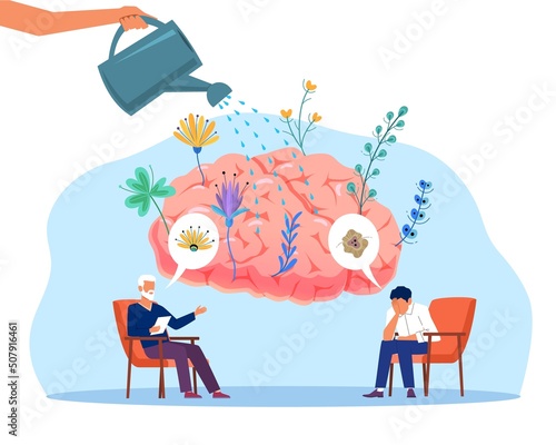 Psychological support. Recovery and mental rehabilitation after depression or trauma, doctor helps man solving problems on consultation, brain with flowers, vector psychotherapy concept