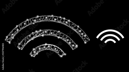 Network broadcasting waves model icon with lightspots. Illuminated vector model is created from broadcasting waves pictogram. Vector frame network broadcasting waves icon.