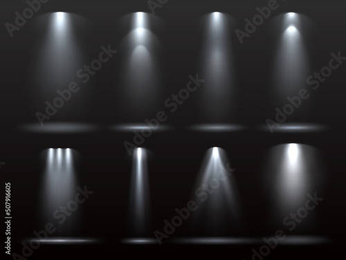 Realistic flashlight rays. Different shapes luminous directional shiny beams, dispersion forms white lights, spotlight vertical effect, theater scene or concert club decor element vector set