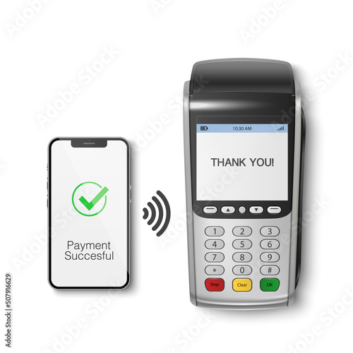 Vector 3d NFC Payment Machine and Smartphone. Payment Succesful. Approved Transaction. POS Terminal, Machine, Phone Isolated. Design Template of Bank Payment Wireless Contactless Terminal, Mockup