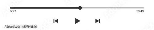 Loading bar with time slider, play, rewind and fast forward buttons. Media player playback panel. Simple template of online audio or video player, radio, podcast interface. Vector outline illustration