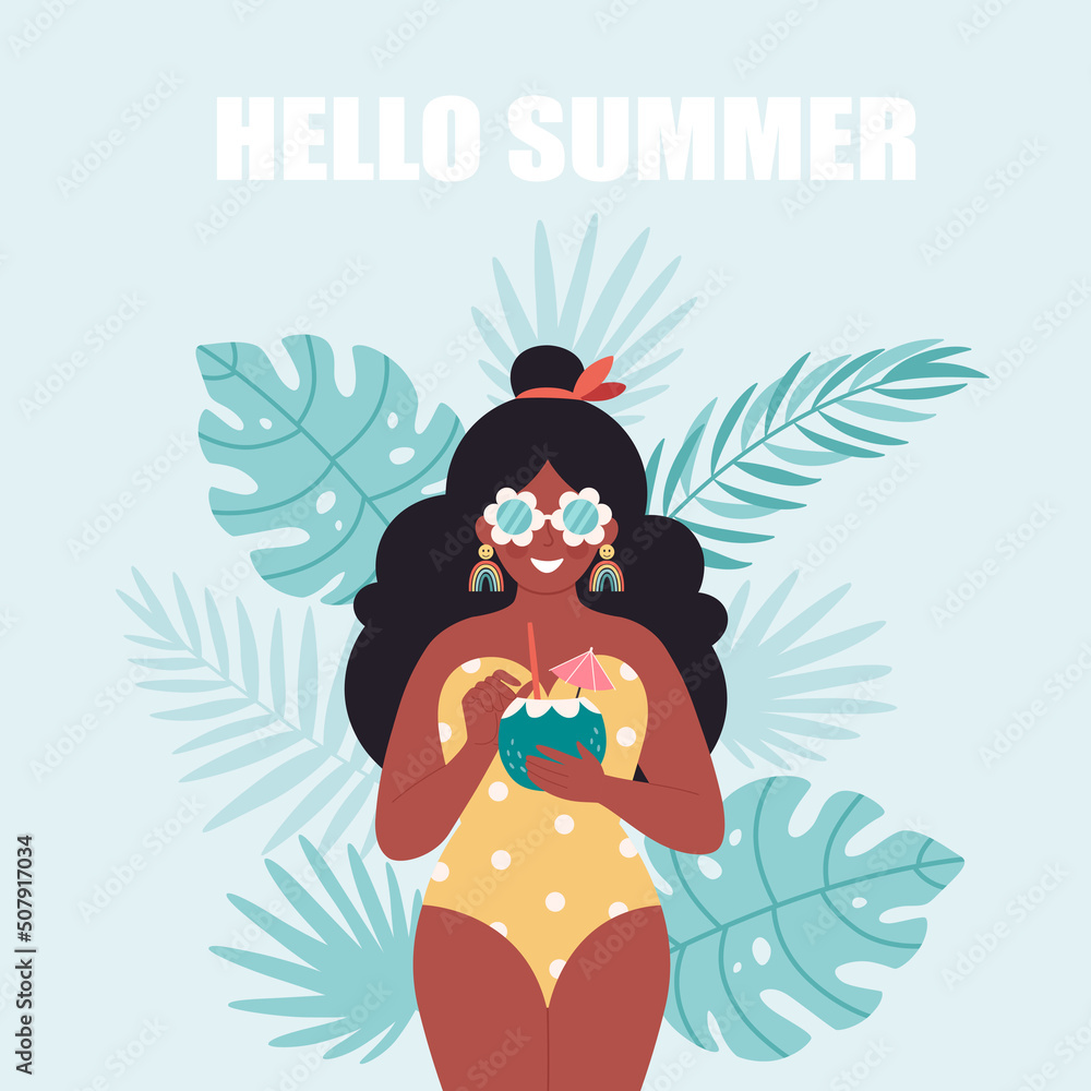Black woman with summer cocktail on tropical leaves background. Hello summer, vacation, summertime, summer party. Woman in retro swimsuit and retro glasses. Hand drawn vector illustration Black woman with summer cocktail on tropical leaves background. Hello summer, vacation, summertime, summer party. Woman in retro swimsuit and retro glasses. Hand drawn vector illustration