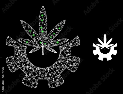 Crossing mesh cannabis industry carcass icon with lightspots. Illuminated vector constellation is created from cannabis industry picture. Vector carcass net cannabis industry icon.
