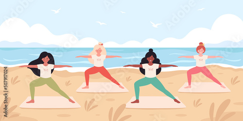 Women doing yoga on the beach. Hello summer, summer leisure, vacation. Healthy lifestyle, self care, yoga, meditation. Hand drawn vector illustration