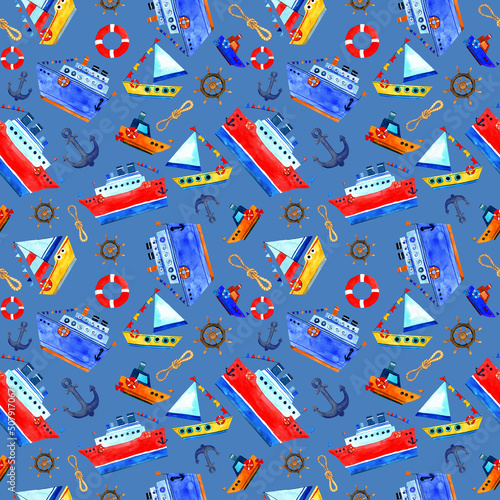 Seamless watercolor pattern of blue steamer and boats and ships with flags. Red life buoy. Ships in cartoon style. Design for kids wallpaper, backgrounds, decorations, party decor.