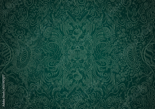 Hand-drawn unique abstract symmetrical seamless ornament. Bright green on a deep cold green with vignette of a darker background color. Paper texture. Digital artwork, A4. (pattern: p04a)