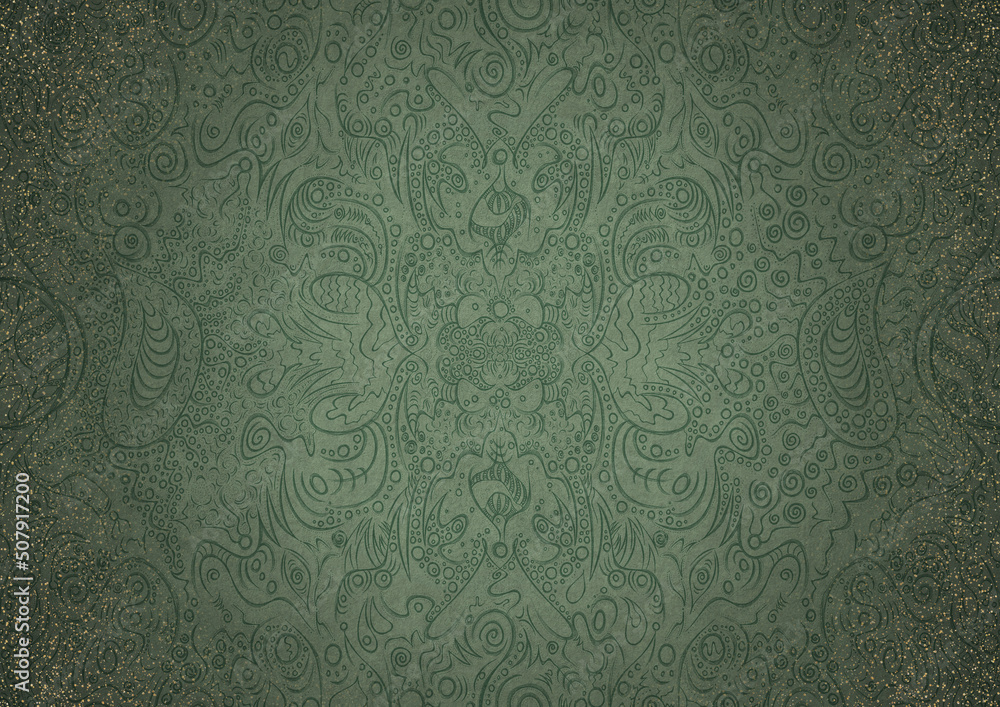 Hand-drawn unique abstract ornament. Dark green on light warm green background, with vignette of darker background color and splatters of golden glitter. Paper texture. A4. (pattern: p04a) Hand-drawn unique abstract ornament. Dark green on light warm green background, with vignette of darker background color and splatters of golden glitter. Paper texture. A4. (pattern: p04a)