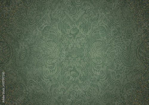 Hand-drawn unique abstract ornament. Dark green on light warm green background, with vignette of darker background color and splatters of golden glitter. Paper texture. A4. (pattern: p04a)