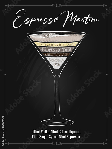 Espresso Martini cocktail recipe with info graphic vintage style in vector file