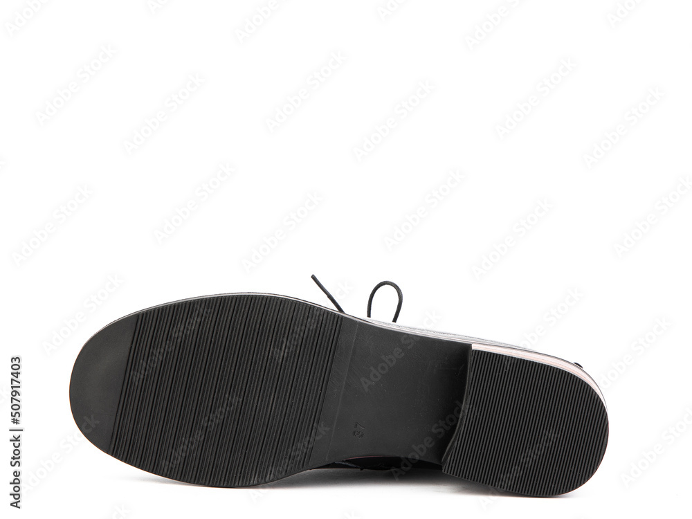 Sole for shoes, bottom view. Shoe sole close-up isolated on white background. place for text. Element of boots. Concept of production of shoe.