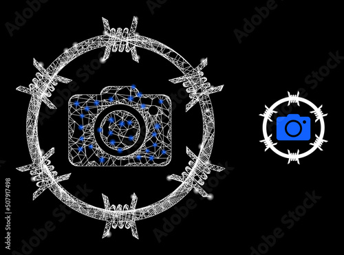 Net photo arrest frame illustration with light spots. Illuminated vector model is created from photo arrest icon. Vector carcass mesh photo arrest icon.