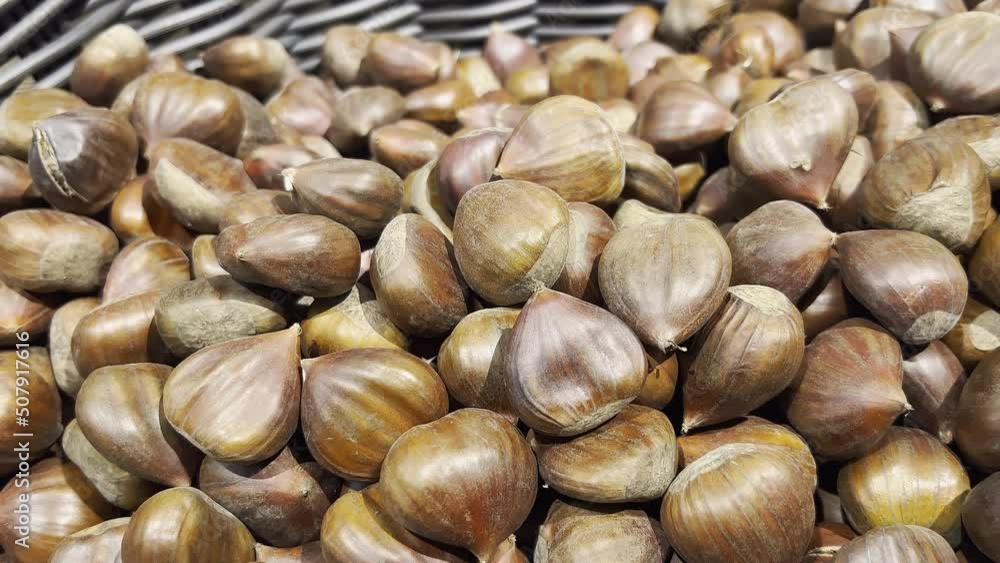 Closeup shot of chestnuts in a supermarket. Edible. Dark and light brown colored. Food. Camera slowly moving backwards and upwards. Closeup shot of chestnuts in a supermarket. Edible. Dark and light brown colored. Food. Camera slowly moving backwards and upwards.
