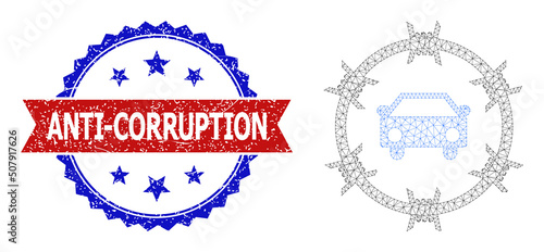 Net mesh car arrest polygonal carcass icon, and bicolor dirty Anti-Corruption seal stamp. Red stamp seal has Anti-Corruption text inside ribbon and blue rosette.