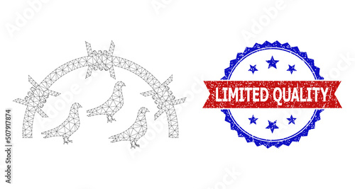 Mesh net bird prison polygonal frame icon, and bicolor textured Limited Quality stamp. Red stamp seal contains Limited Quality title inside ribbon and blue rosette.