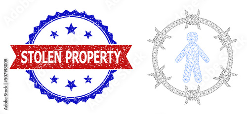 Mesh net arrested man polygonal frame icon, and bicolor textured Stolen Property seal. Red badge includes Stolen Property title inside ribbon and blue rosette.