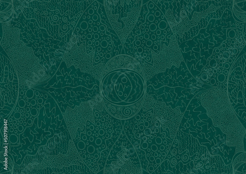 Hand-drawn unique abstract symmetrical seamless ornament. Bright semi transparent green on a deep cold green background. Paper texture. Digital artwork, A4. (pattern: p05a)