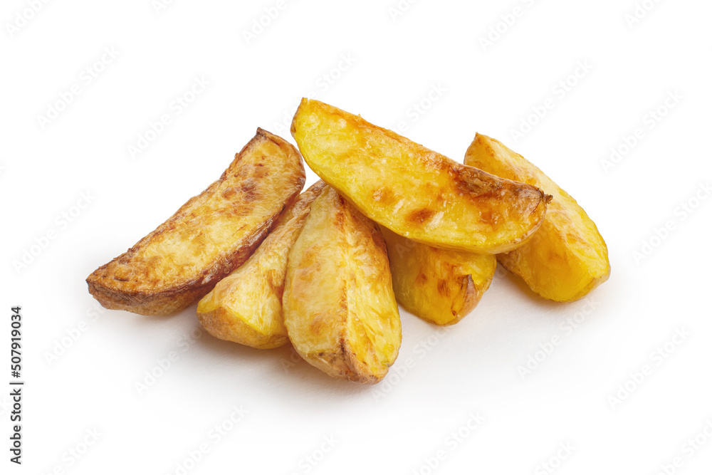 pieces of baked new potatoes in a white plate on a white background