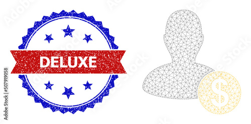 Net mesh banker polygonal model icon, and bicolor unclean Deluxe seal. Red stamp seal includes Deluxe tag inside ribbon and blue rosette. Vector carcass polygonal net banker icon.