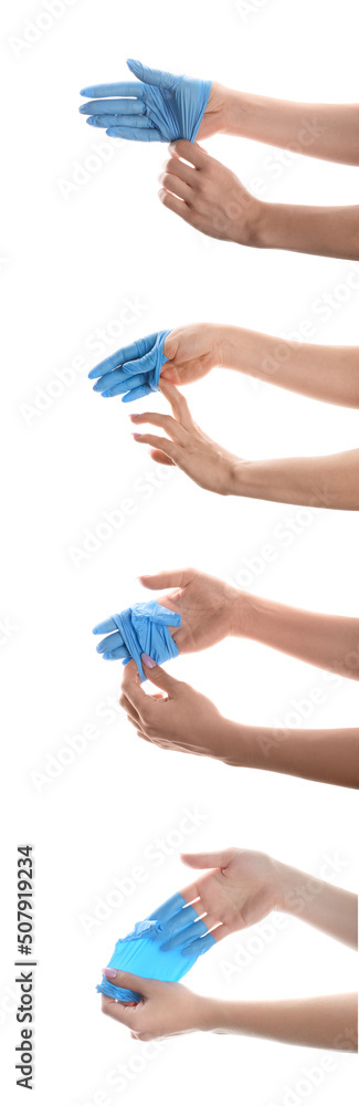 Set of hands taking off medical gloves on white background Set of hands taking off medical gloves on white background