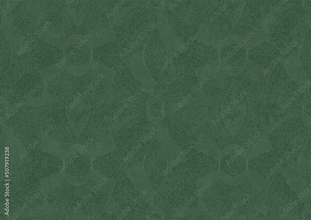 Hand-drawn unique abstract symmetrical seamless ornament. Bright semi transparent green on a deep warm green background. Paper texture. Digital artwork, A4. (pattern: p05b) Hand-drawn unique abstract symmetrical seamless ornament. Bright semi transparent green on a deep warm green background. Paper texture. Digital artwork, A4. (pattern: p05b)
