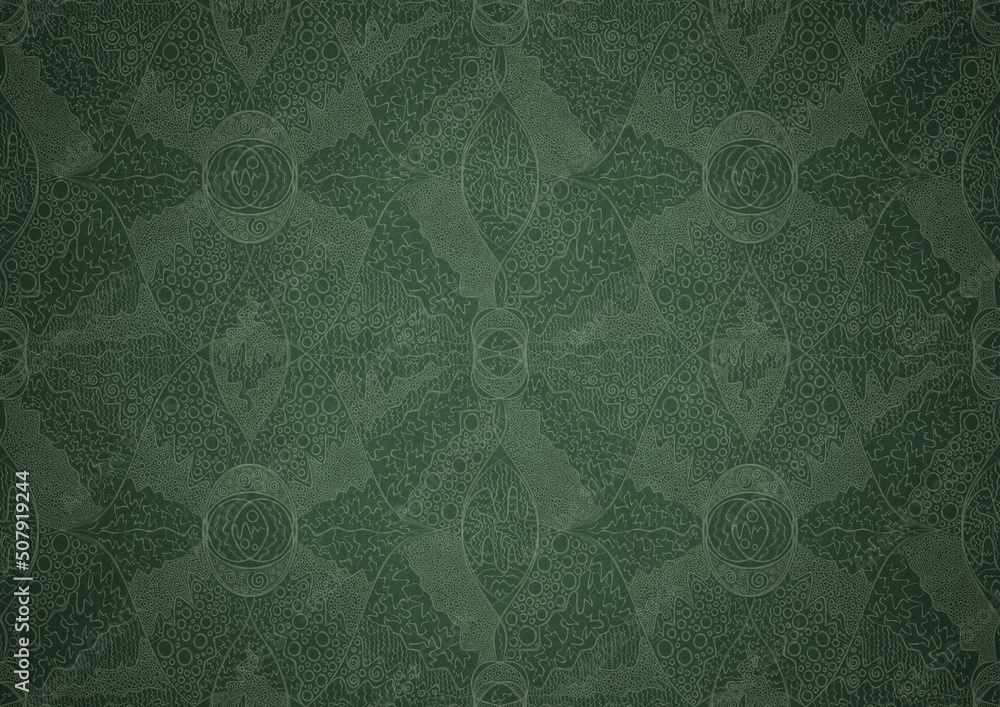 Hand-drawn unique abstract symmetrical seamless ornament. Bright green on a deep warm green with vignette of a darker background color. Paper texture. Digital artwork, A4. (pattern: p05b) Hand-drawn unique abstract symmetrical seamless ornament. Bright green on a deep warm green with vignette of a darker background color. Paper texture. Digital artwork, A4. (pattern: p05b)