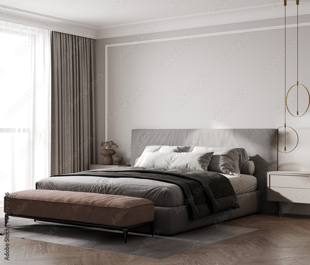 Classic beige bedroom interior with grey buttoned bed and luxury lamps and  a pouf, 3d rendering Illustration Stock | Adobe Stock
