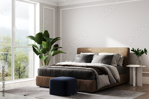 Home interior mock-up background, light beige bedroom with palm and blue pouf, 3d render photo