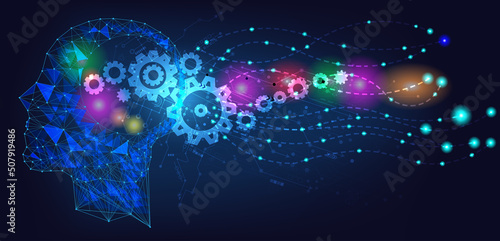 Abstract human head with a line brain network.circle and electricity with blue electronic cycle.Digital data,ai,ascience.Vector Technology background and Artificial intelligence concept.