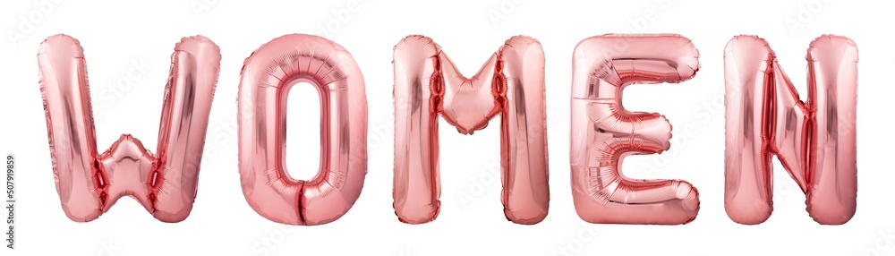 Word women made of rose gold inflatable balloon isolated on white background. Feminist female creative balloon concept Word women made of rose gold inflatable balloon isolated on white background. Feminist female creative balloon concept