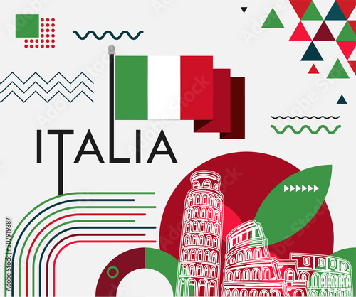 Italy national day banner design. Italian flag and map theme with Rome landmark background. Abstract geometric retro shapes of red and green color. Italia Vector illustration. 